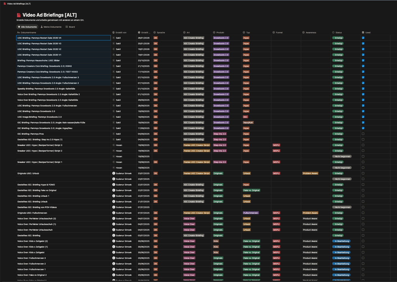 Pammys Notion video ad briefings database — overview